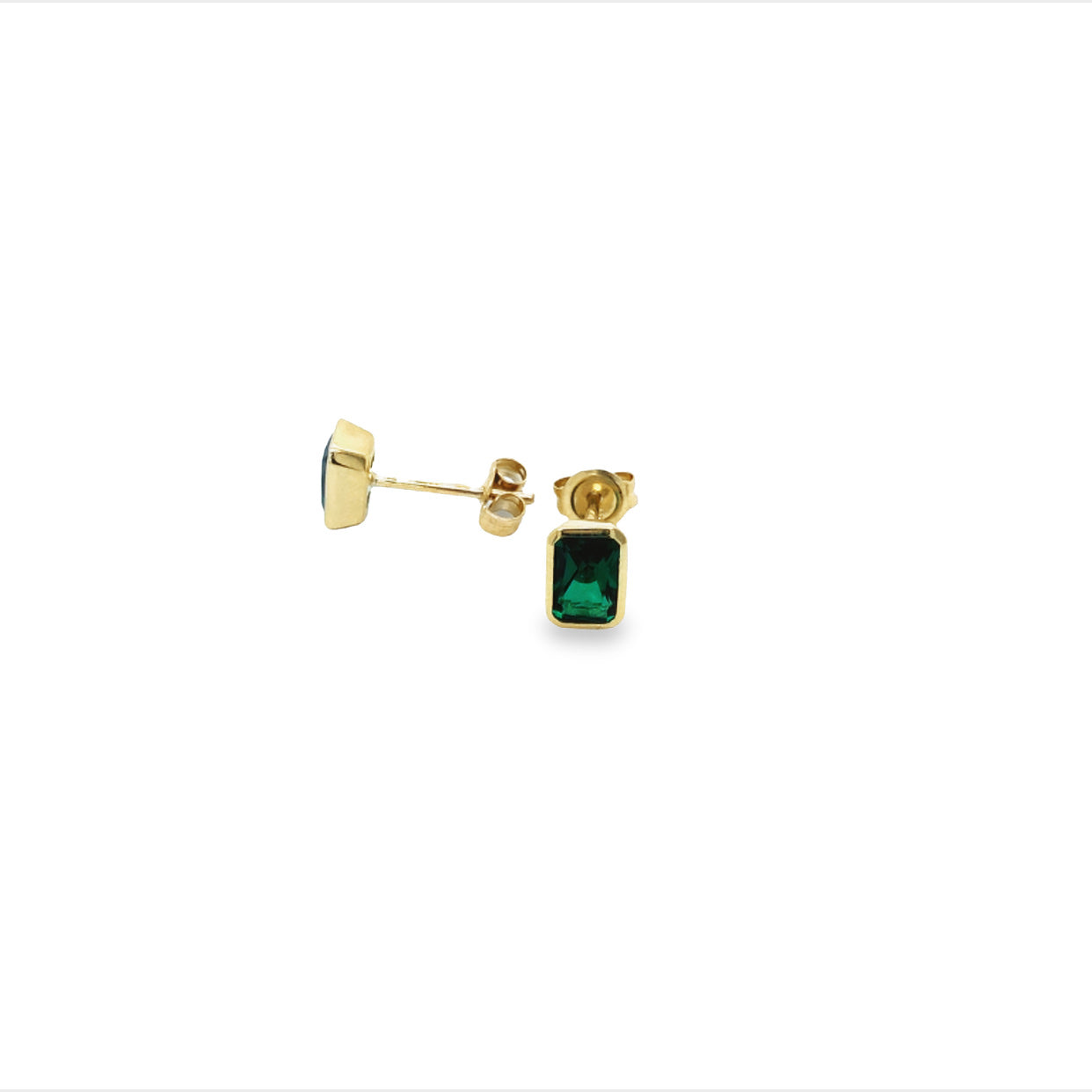 9Ct Yellow Gold Emerald Shape Created Emerald Bezel Set Studs