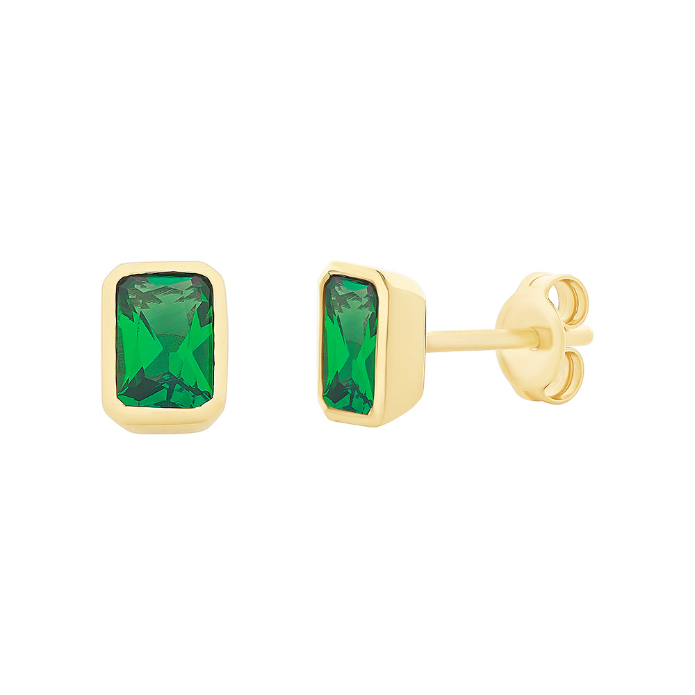 9Ct Yellow Gold Emerald Shape Created Emerald Bezel Set Studs