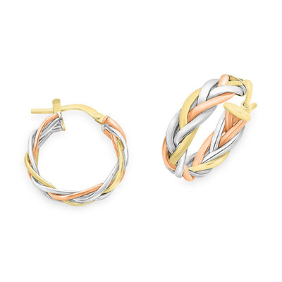 9Ct Yellow, Rose And White Gold Silver Filled Braided Hoops