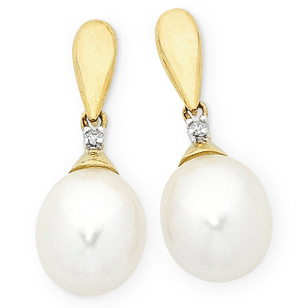 9Ct Yellow Gold Pearl Stud Earrings With 2= Round Diamonds