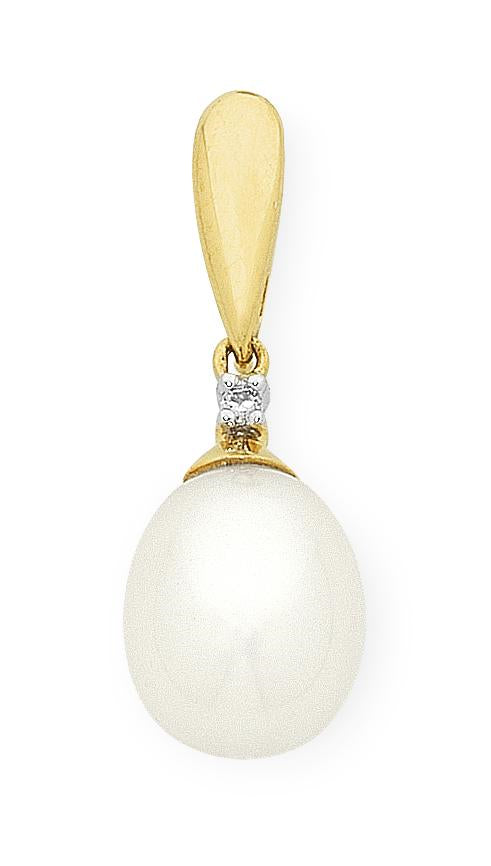 Yellow Gold White Pearl Drop Pendant With Diamond