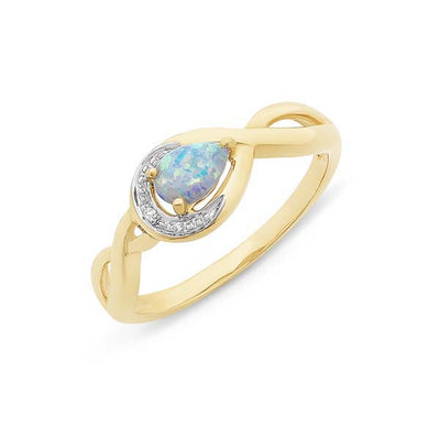 9Ct Yellow Gold Pear Shaped White Created Opal Dress Ring With Diamonds And Cross Over Shoulders
