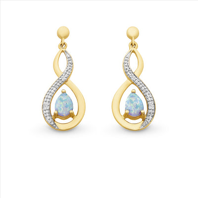 9Ct Yellow Gold Pear Shaped Created White Opal & Diamond Stud Drop Earrings
