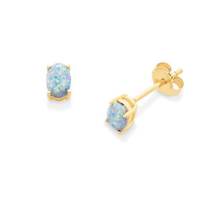 9Ct Yellow Gold Oval White Created Opal Stud Earrings