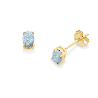 9Ct Yellow Gold Oval White Created Opal Stud Earrings