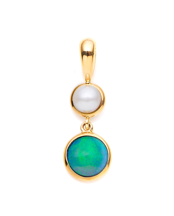 9Ct Yellow Gold Solid White Round Opal 6mm With 4Mm Freshwater Pearl Pendant