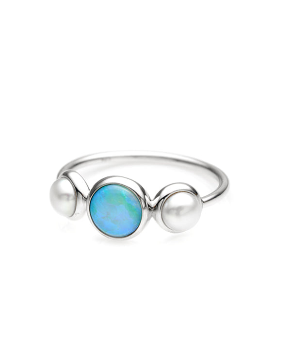Sterling Silver Solid White Round Opal 6mm With 2 x 4Mm Freshwater Pearl Ring