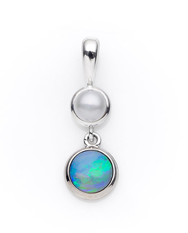 Sterling Silver Solid White Round Opal 6mm With 4Mm Freshwater Pearl Pendant