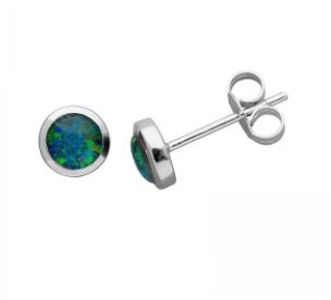 Sterling Silver Stud Earrings Set 6 Mm Round Blue/Green/Red Triplet Opal Bezel Set