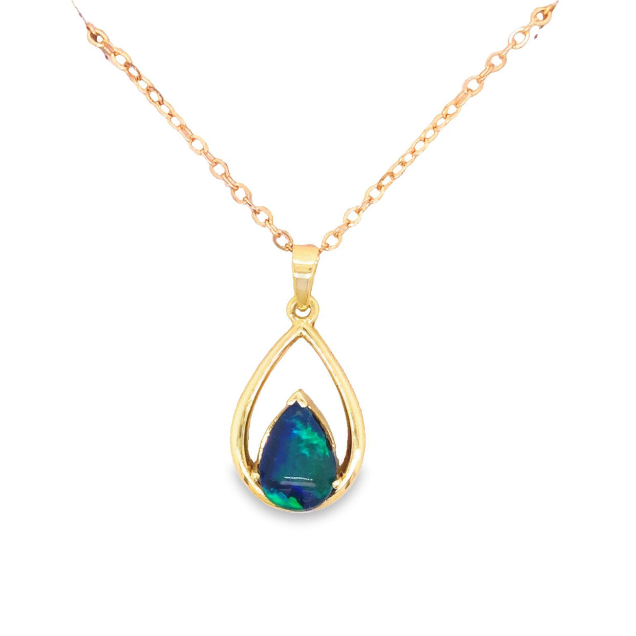 9Ct Yellow Gold Pear Shaped Triplet Red/Blue/Green Opal Open Wire Pendant 10 X 7Mm,