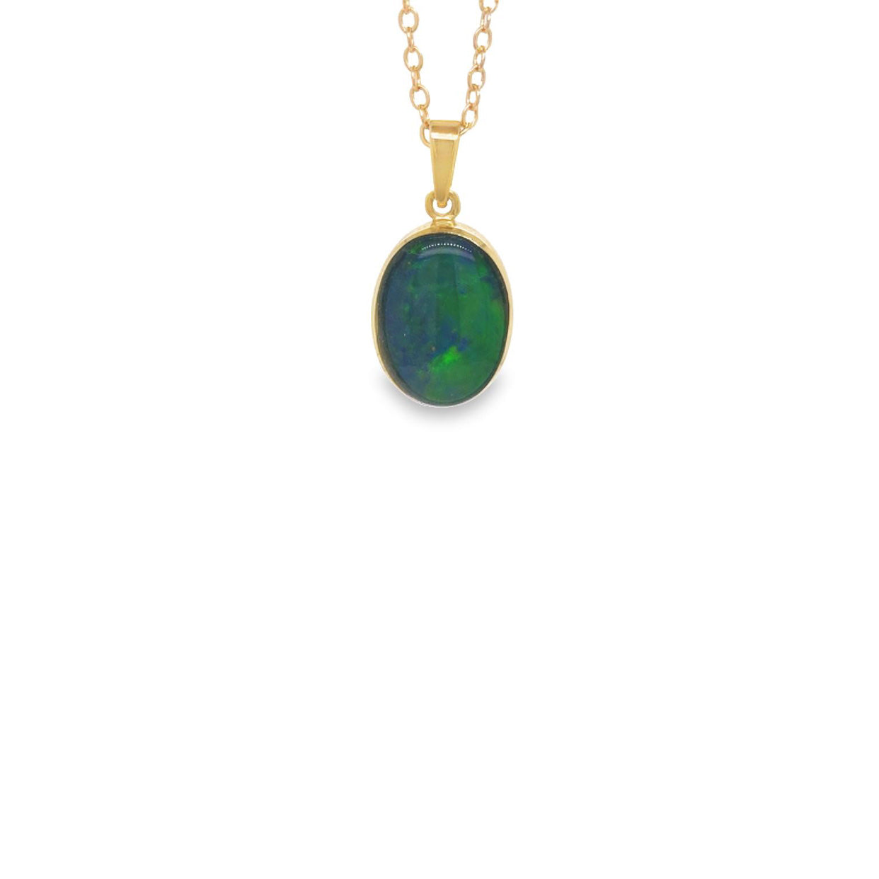 9Ct Yellow Gold Oval Shaped Triplet Red/Blue/Green Opal Bezel Set With Pendant 14 X 10Mm,