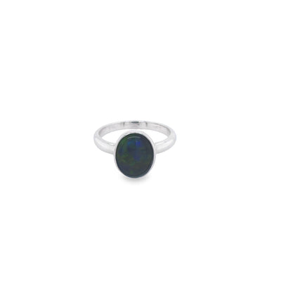 Sterling Silver Oval Blue/Green/Red Triplet Opal Bezel Set Ring.