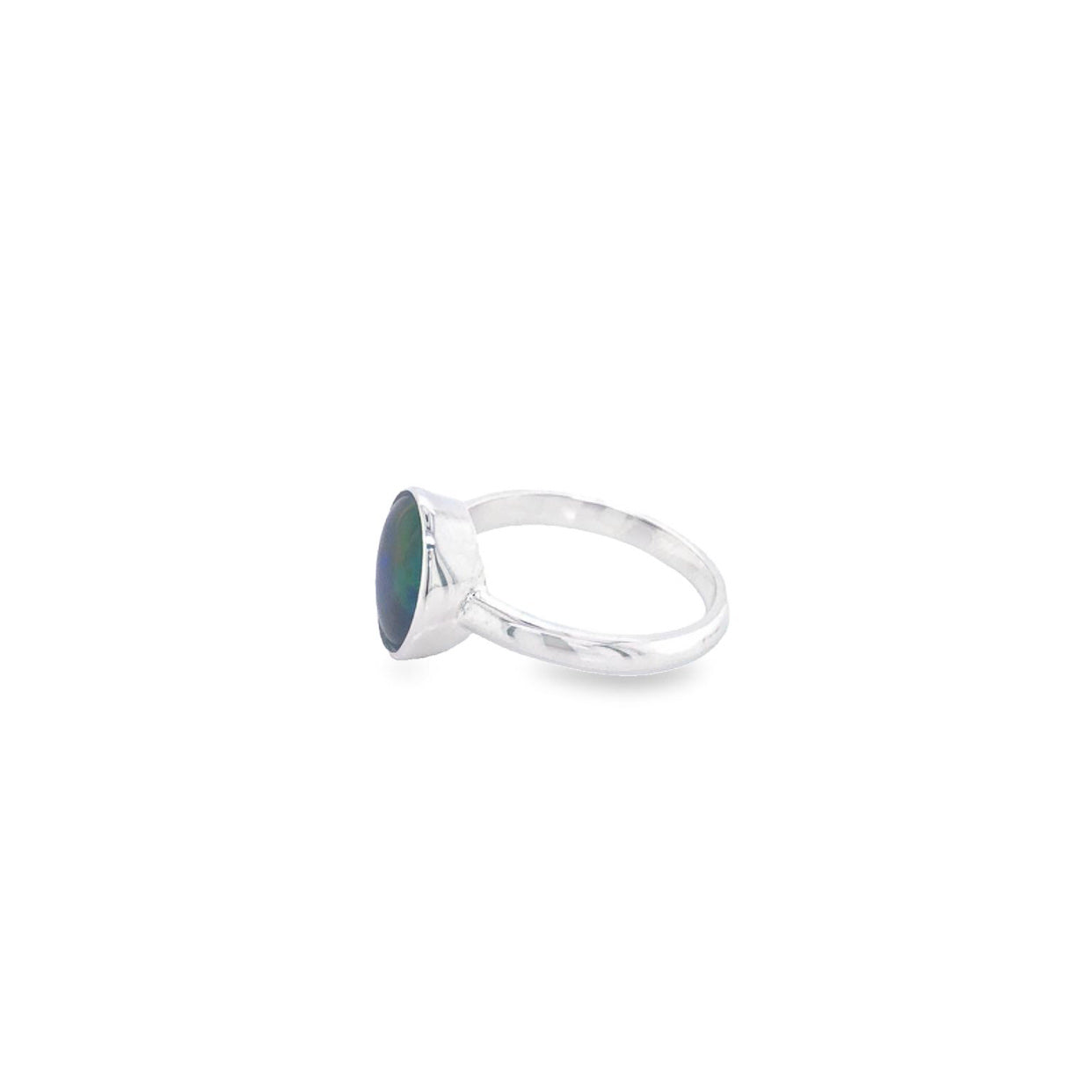 Sterling Silver Oval Blue/Green/Red Triplet Opal Bezel Set Ring.