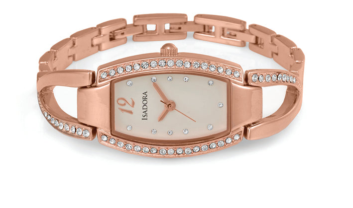 Isadora Benissa Ladies Watch With Rose Gold Plated Case And Crystal Set Bracelet Band And Oblong Beige Dial With Crystal Details