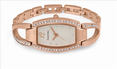 Isadora Benissa Ladies Watch With Rose Gold Plated Case And Crystal Set Bracelet Band And Oblong Beige Dial With Crystal Details