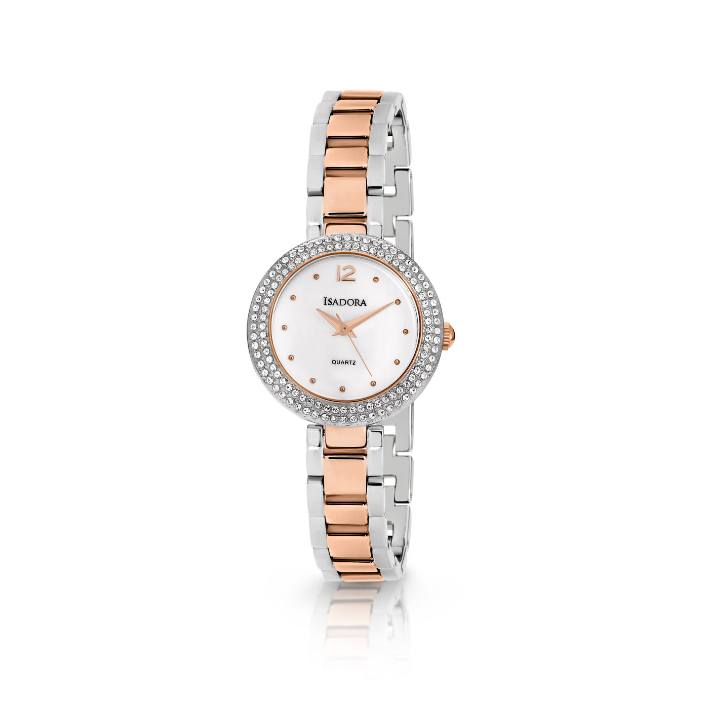 Isadora Seville Ladies Watch With Two Tone Silver And Rose Gold Plated Case And Bracelet Band With Crystal Set Bezel And Round White Dial With Crystal Detail
