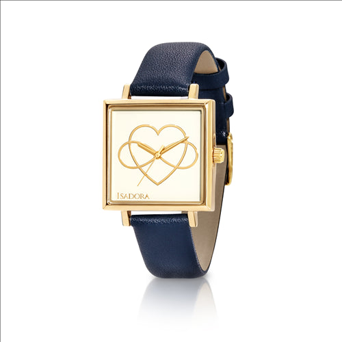 Isadora Calal Ladies Watch With Square Yellow Gold Plated Case, White Dial With Gold Heart And Bow Detail And Navy Leather Band