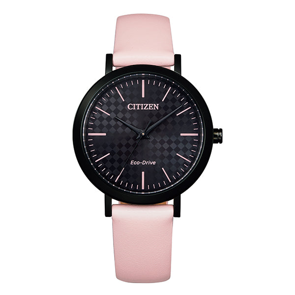 Citizen Ladies Blackl Eco Drive With Pink Leather Strap