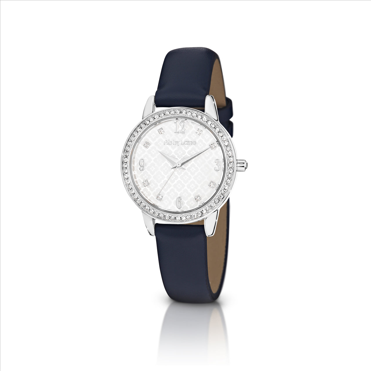 Abby lane elizabeth silvertone case. white etched dial with crystals. navy leather strap--case size 31mm