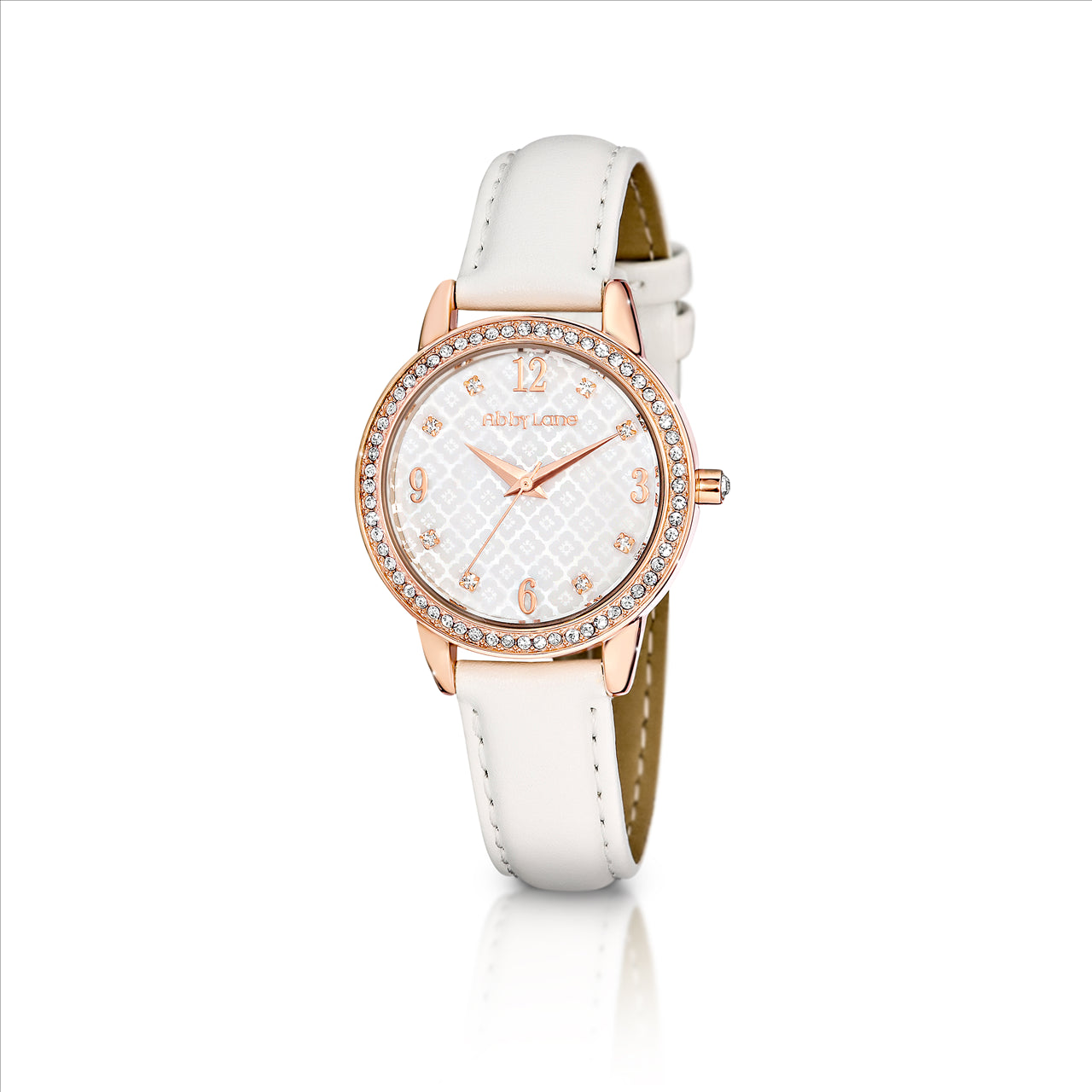 Abby lane elizabeth rosetone case. white etched dial with crystals. white leather strap-- case size 31mm