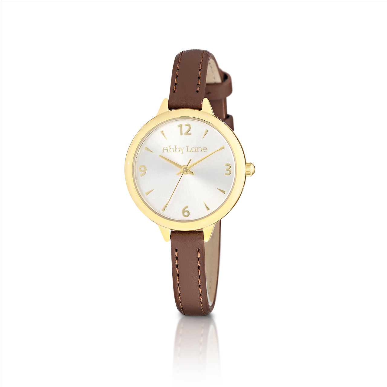 Abby lane charlotte goldtone case. silver dial with gold accents. tan leather strap -case size 29mm