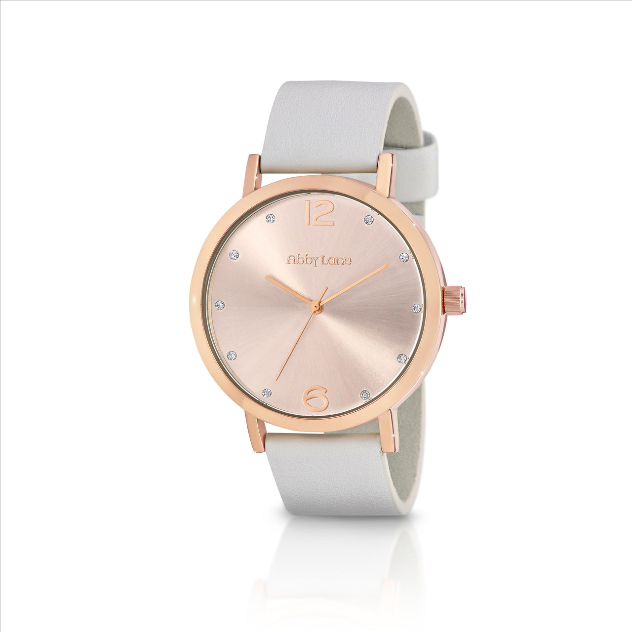 Abby lane audrey rosetone case. rose dial with rose accents and crystals. white leather strap. case size 42mm