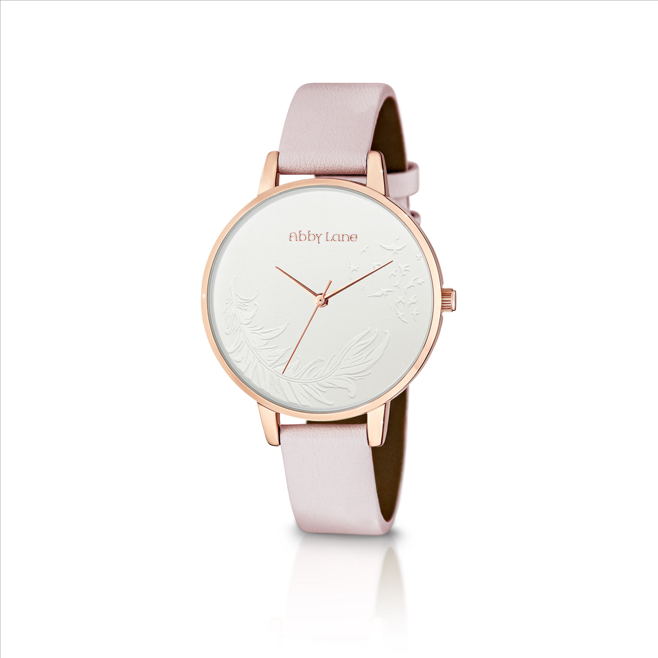 Abby lane emma rosetone case. white embossed dial with feather pattern. pink leather strap. case size 38mm