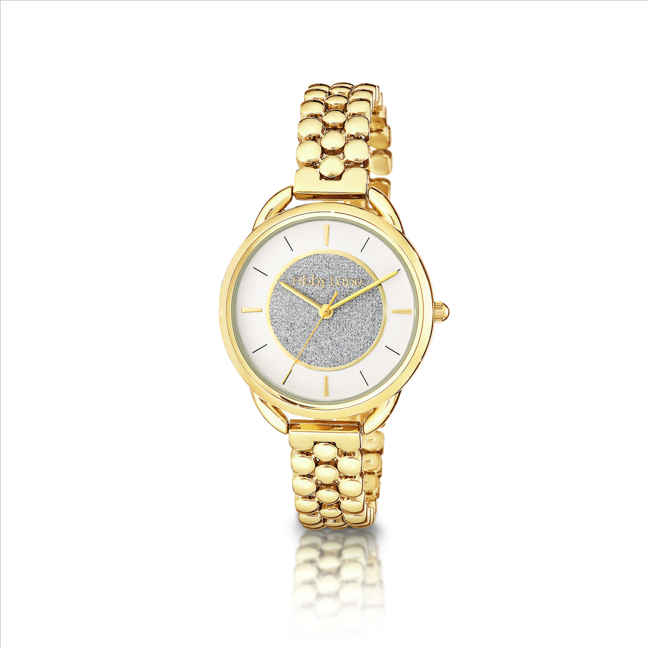 Abby lane victoria goldtone case. silver sparkle inner dial with gold accents. goldtone bracelet. case size 35mm