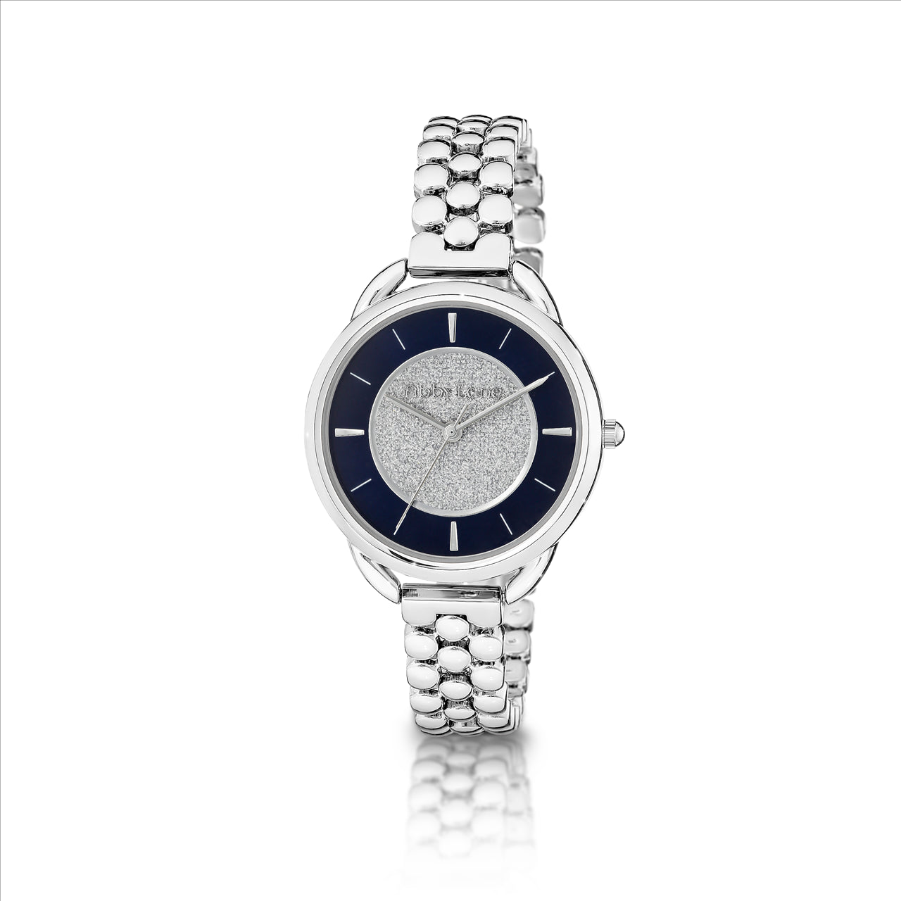 Abby lane victoria silvertone case. navy sunray + silver sparkle inner dial with silver accents. silvertone bracelet. case size 35mm