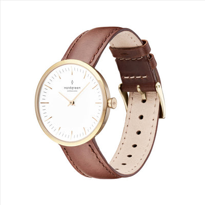 Nordgreen Infinity Womens Dress Watch White Dial Brown Leather Band Rose Gold Case 32