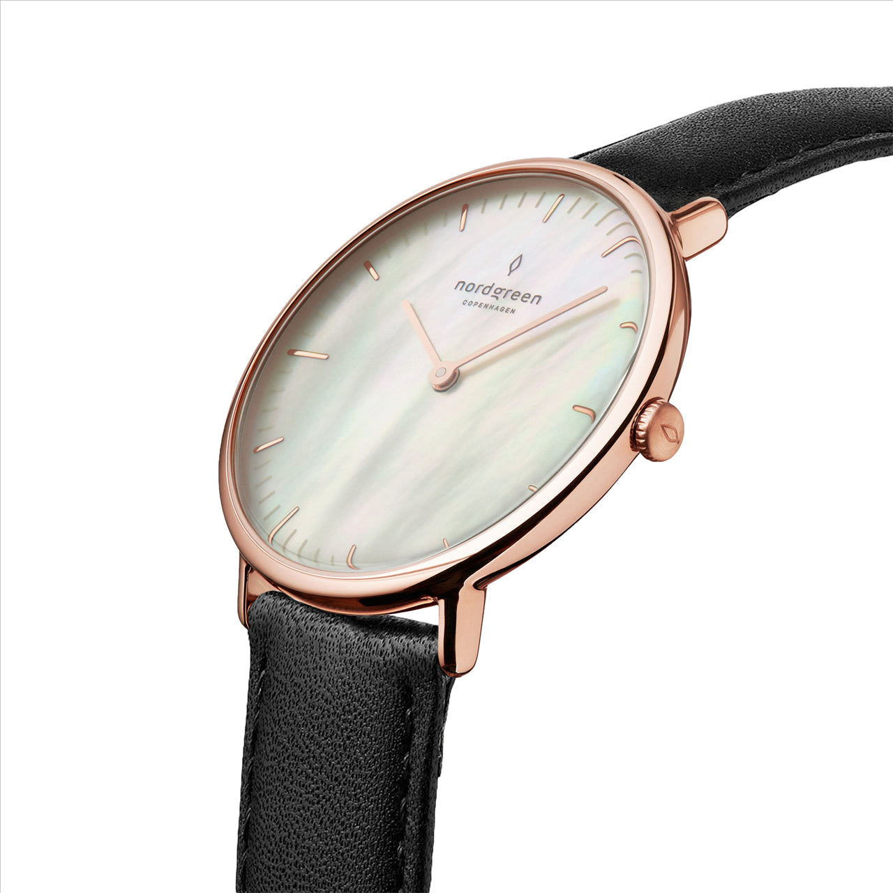 Nordgreen native womens dress watch mother of pearl dial black leather band rose gold case 28