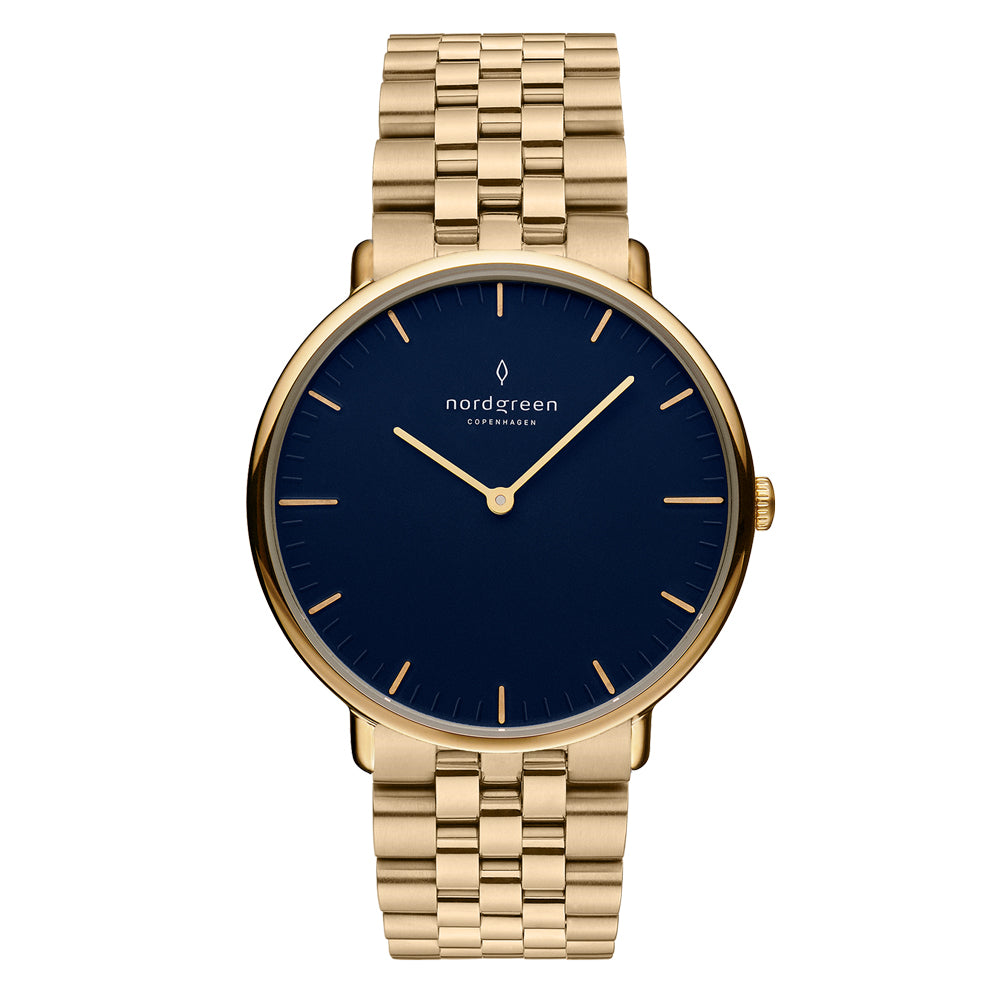 Nordgreen Native Unisex Dress Watch Navy Dial Gold 5 Link Band Gold Case 36