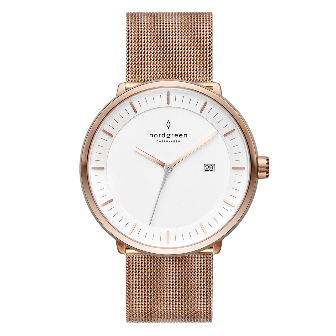 Nordgreen philosopher womens dress watch white dial rose gold mesh band rose gold case 36