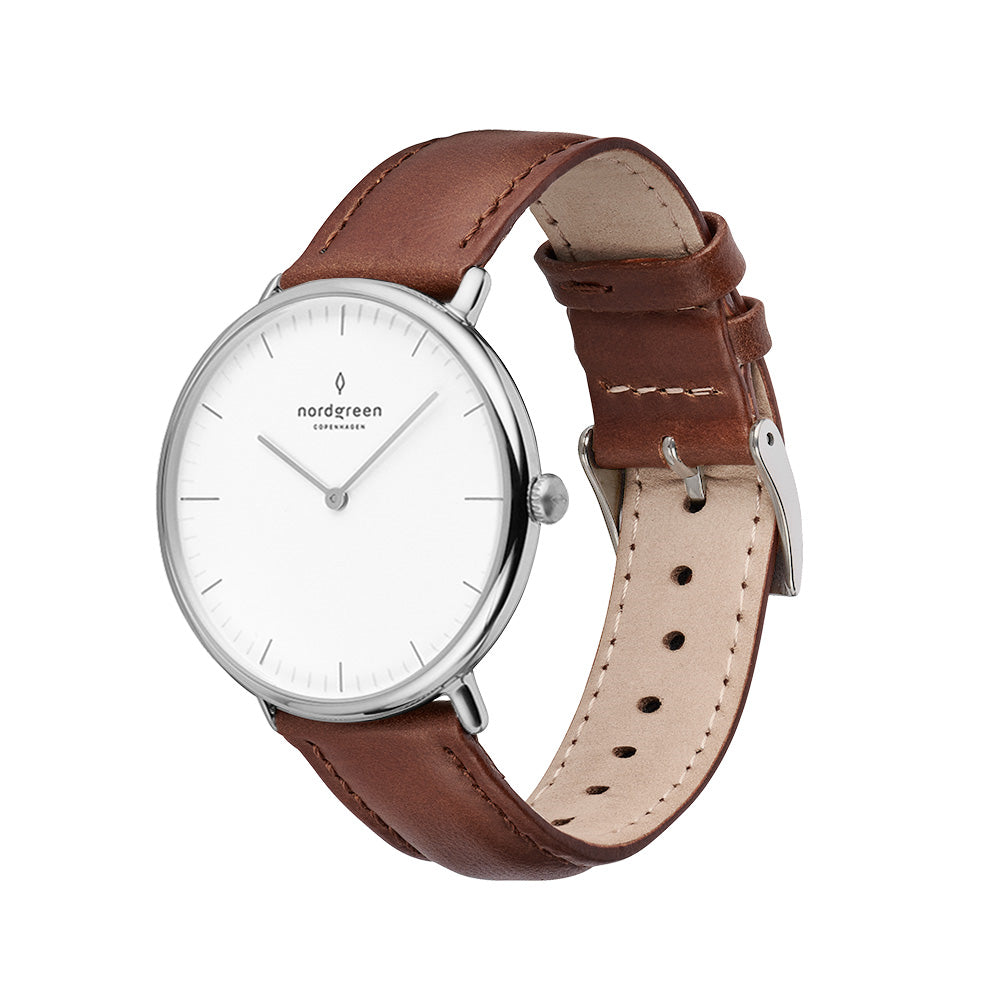 Nordgreen native mens dress watch white dial brown leather band silver case 40