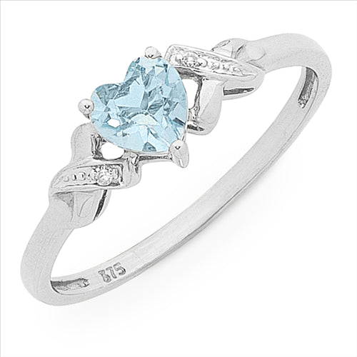 Sterling Silver Heart Shape Blue Topaz And Diamond Ring