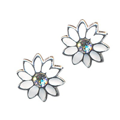 Sterling Silver White Enamel Flower With Crystal Studs