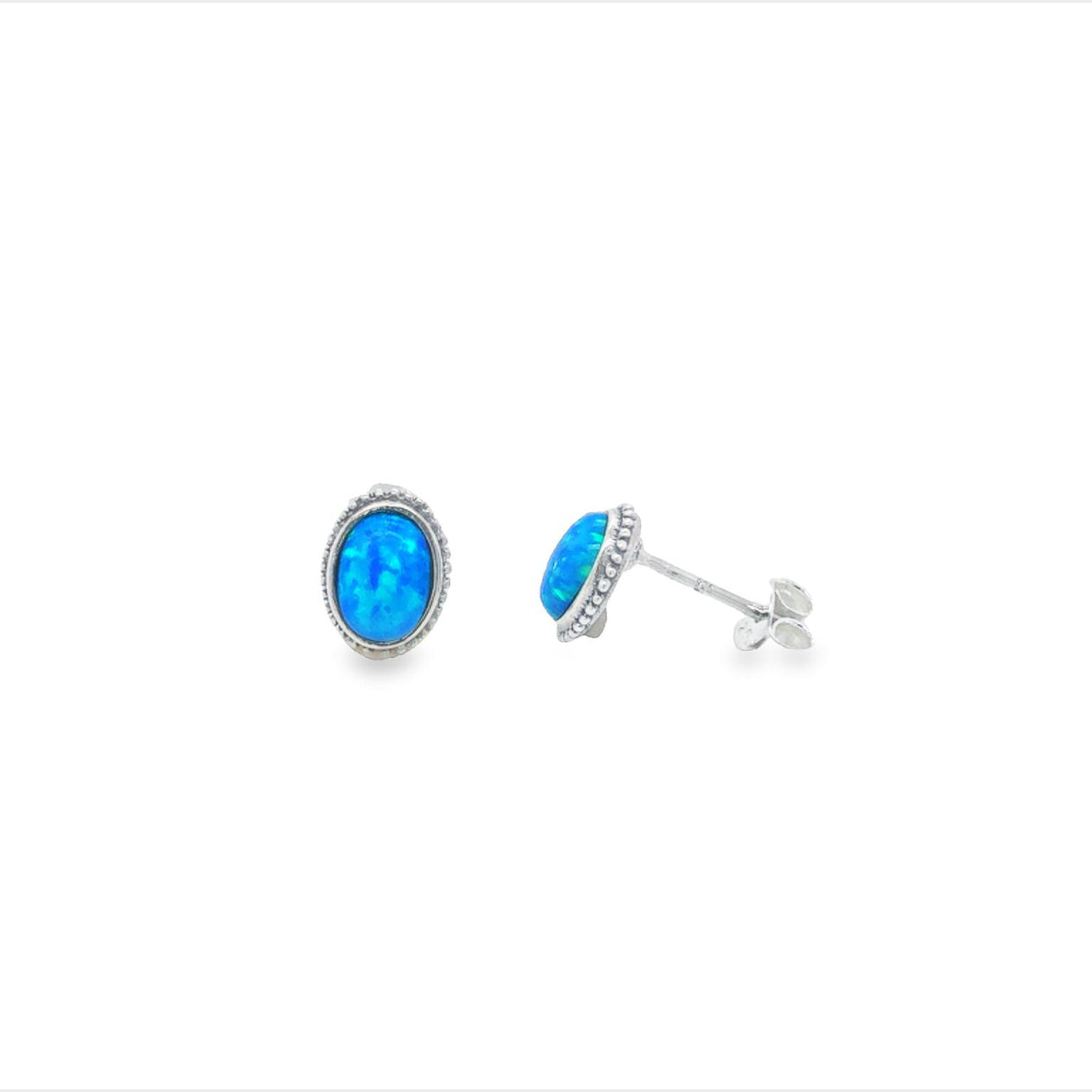 Silver Oval Blue Opalite Stud Earrings