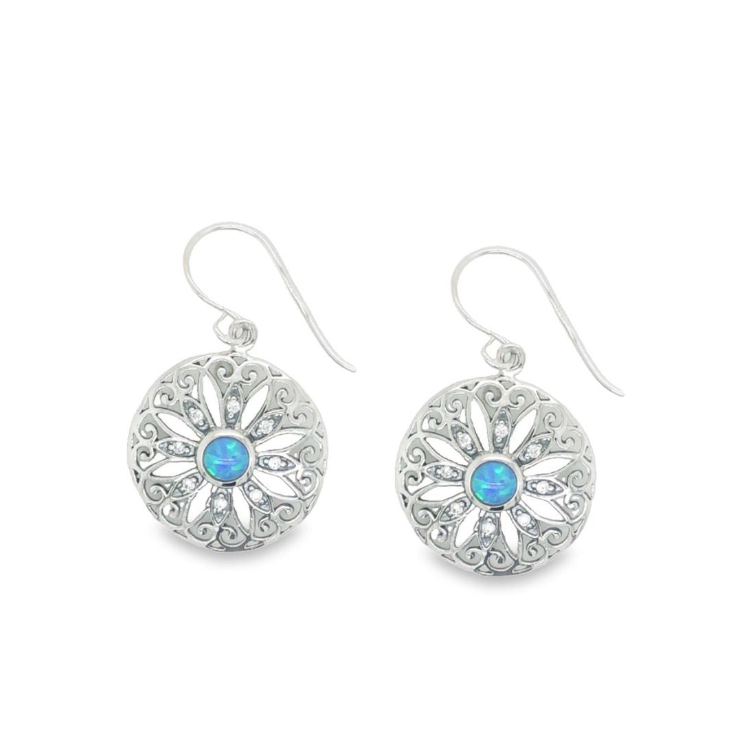 Silver Blue Opalite And Cz Daisy Filigree Earrings With Shep Hooks