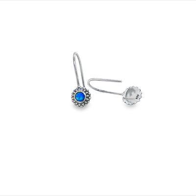 Silver Blue Opalite Bezel Set With Beaded Edge Earrings With Fixed Shep Hooks