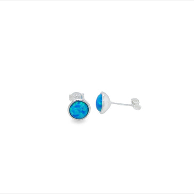 Silver Round Blue Opalite Bezel Set Stud Earrings