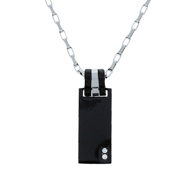 Stainless Steel Black Ion Plated Rectangle Pendant With 2 X Round Czs And Striped Bail