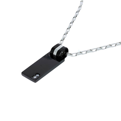 Stainless Steel Black Ion Plated Rectangle Pendant With 2 X Round Czs And Striped Bail