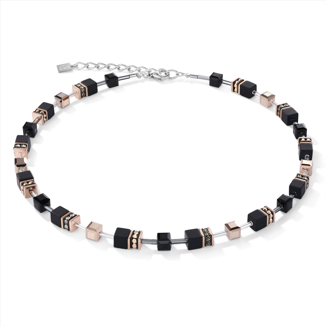 Coeur De Lion Necklace Geo-Cube Stainless Steel Rose Gold Plated W/Onyx, Rhinestone & Swarovski Crystals