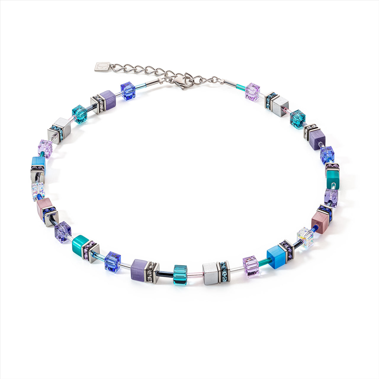 Coeur De Lion - - Necklace, St/St Geo-Cube In Turquoise & Purple With Titanium Oxide Hematite/Synthetic Tiger Eye/Polaris/Rhinestone Rondelles/Glass & European Crystals