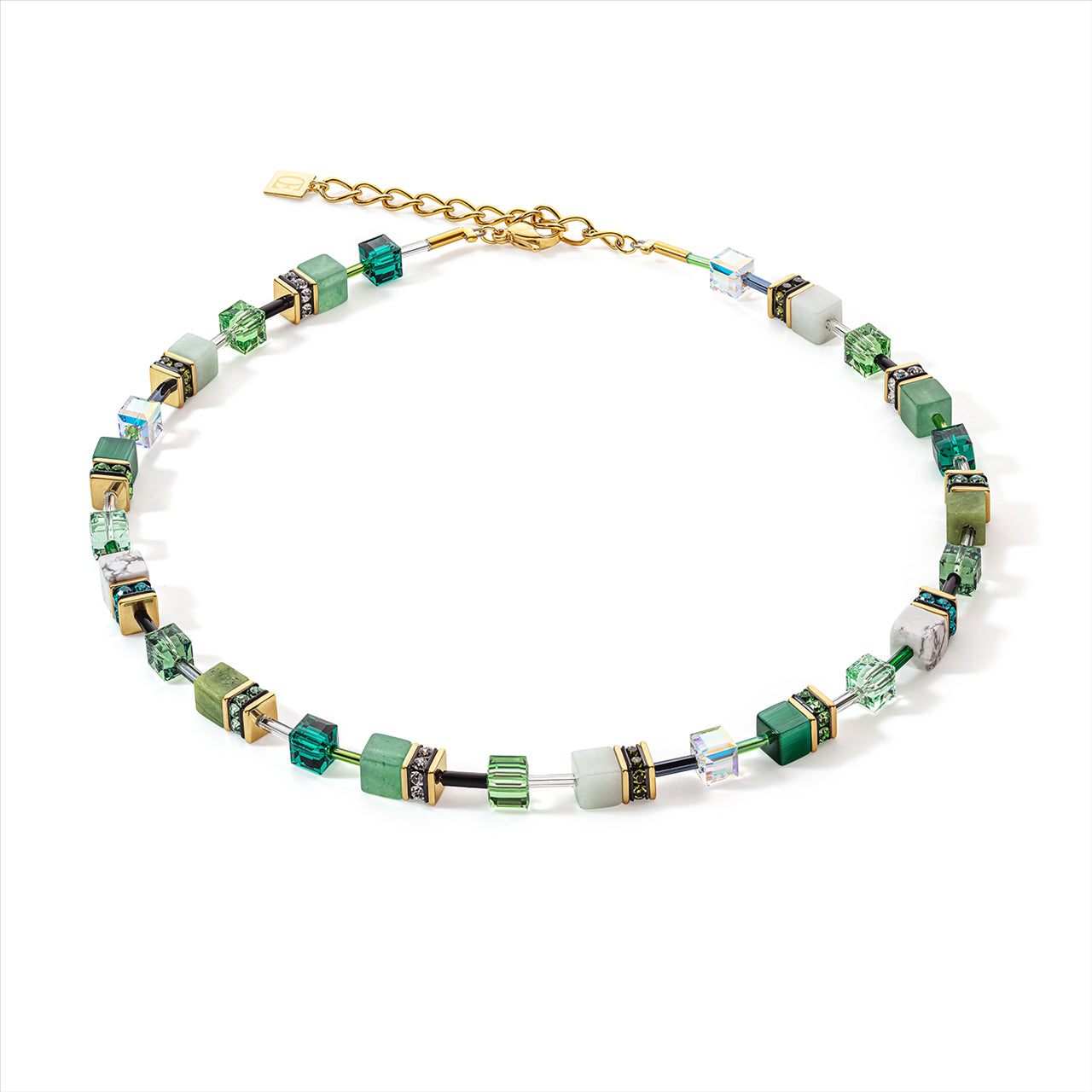 Coeur De Lion - Natural Selection- Necklace Geo-Cube Gld Plt St/St W/Green Aventurine/Howlite/Amazonite/Naphrite/Synthetic Tigers Eye, Rhinestone Rondelles & European Crystals