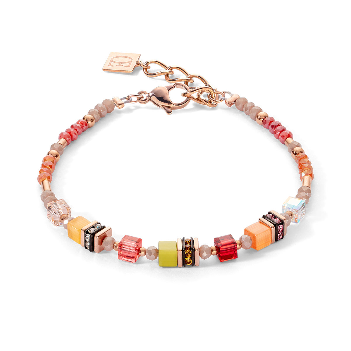 Bracelet, Rose Gold Plated St/St Geo-Cube In Orange/Pink & Red W/Synthetic Tiger Eye/Rhinestone Rondelles/Polaris/Cut Glass & European Crystals