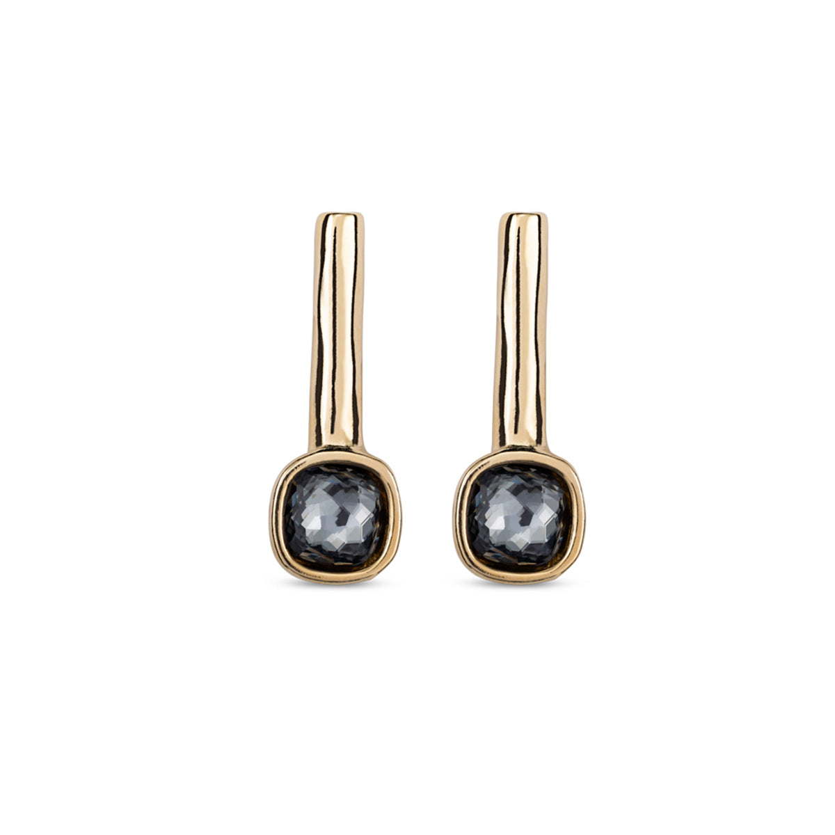 Ladies Earrings. Gold-Plated Metal Alloy Earrings With Tubule And Grey Crystals.